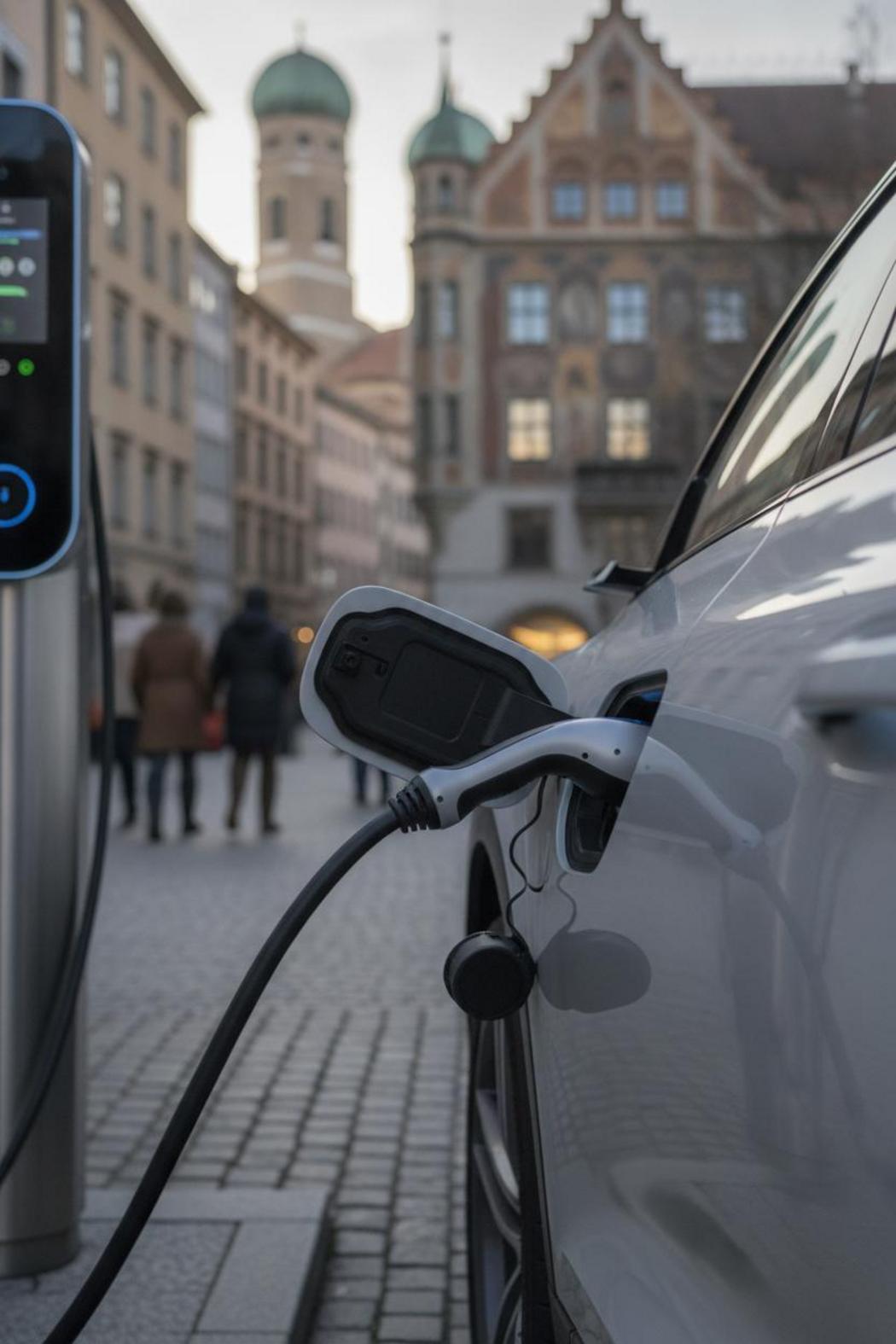 Weißes E-Auto lädt an Münchner Schnellladestation – E-Auto vs. Verbrenner Kosten Vergleich im Alltag