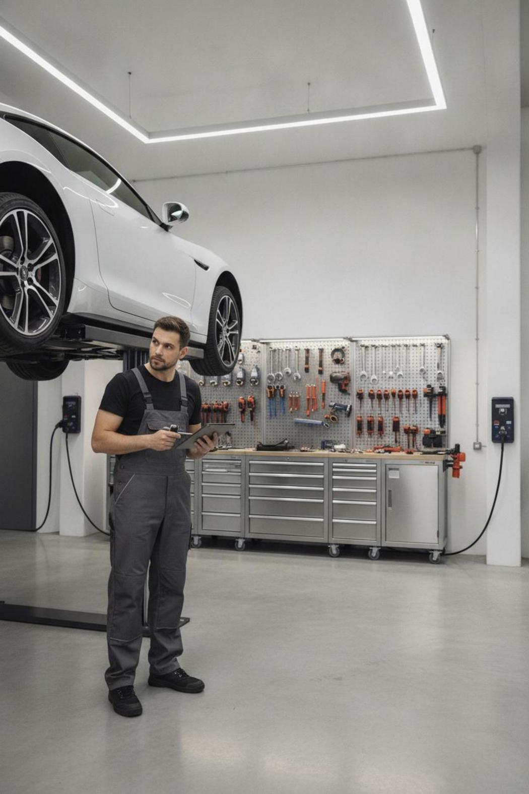 Kfz-Mechaniker inspiziert Elektroauto auf Hebebühne – e-auto vs verbrenner kosten vergleich bei Wartung