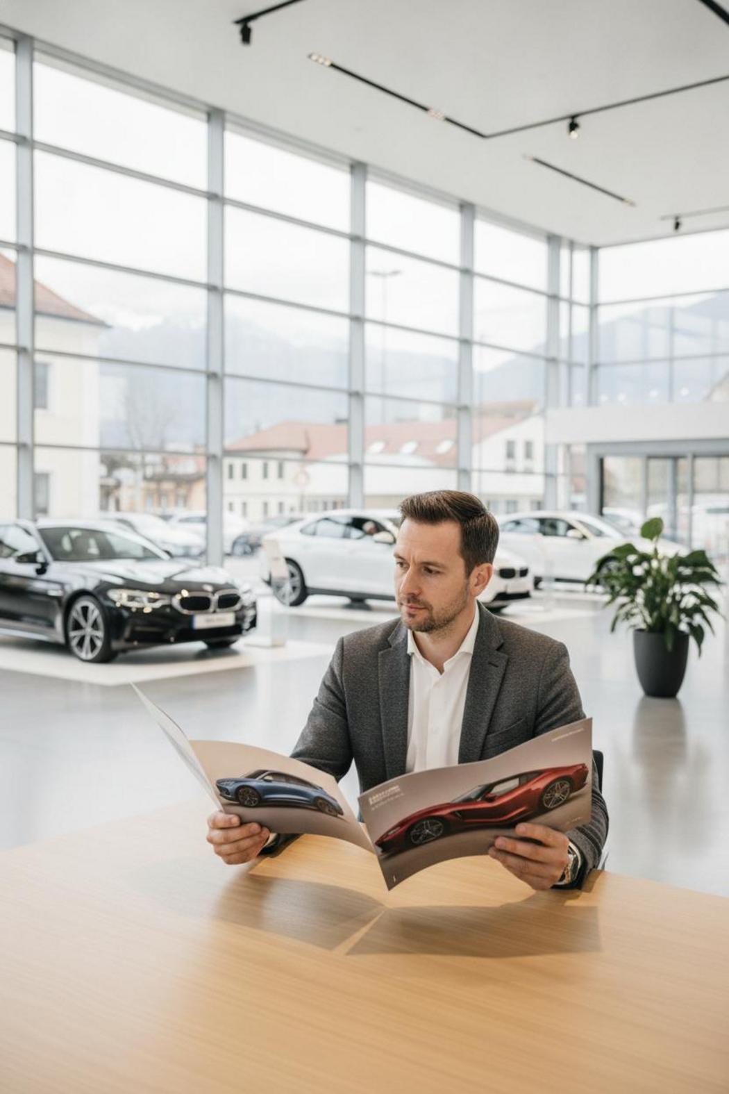 Person vergleicht Broschüren für E-Auto vs. Verbrenner Kosten im modernen Autohaus in München