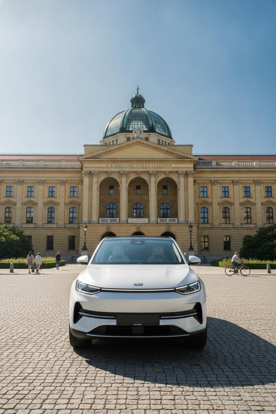 Weißes Elektro-SUV vor dem Bayerischen Landtag in München – E-Auto Förderung München 2026