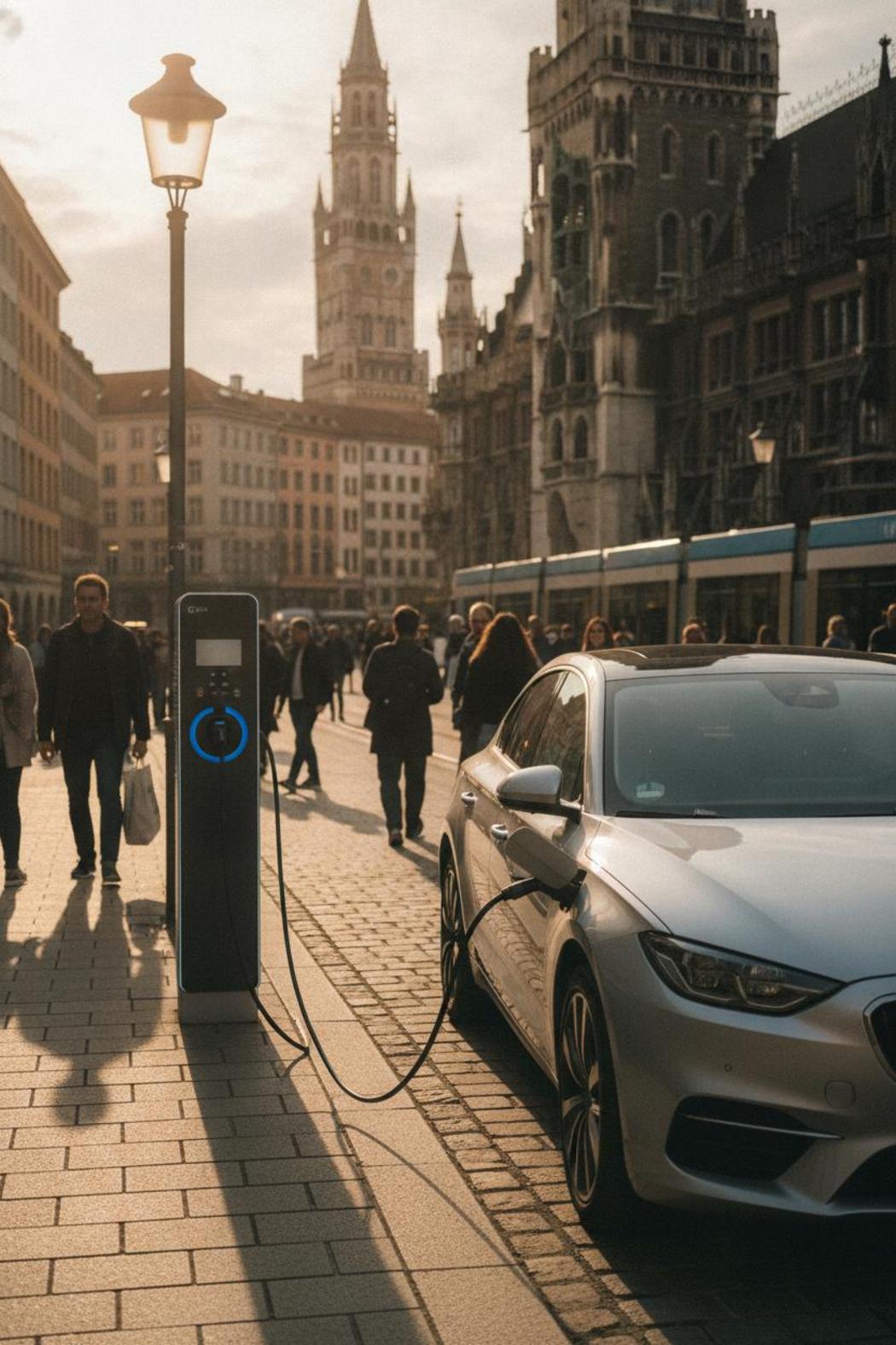 Elektroauto lädt an öffentlicher Ladestation am Münchner Marienplatz – E-Auto Förderung München 2026