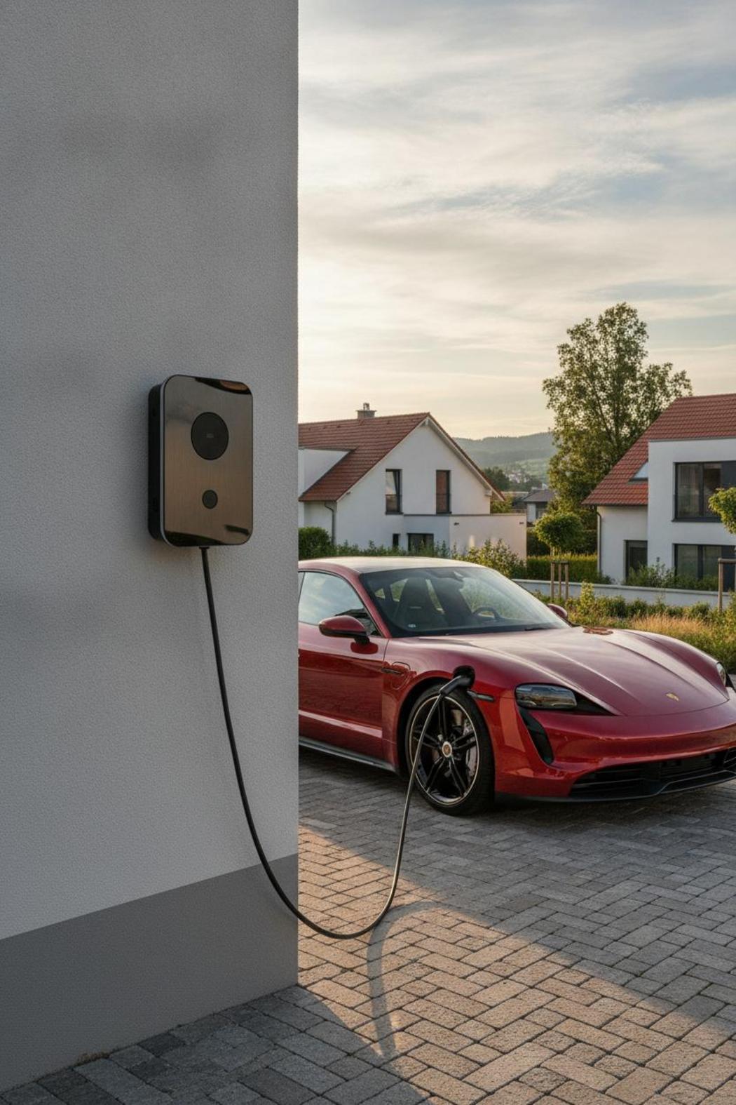 Rotes E-Auto lädt an Wallbox vor Münchner Wohnhaus – E-Auto Förderung München 2026
