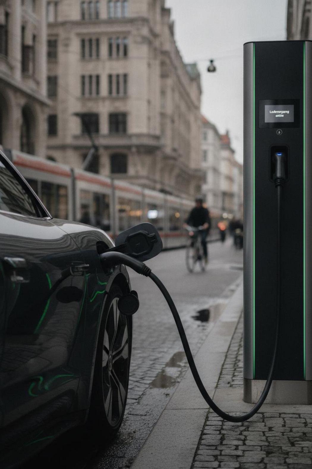 Elektroauto an öffentlicher Schnellladestation in einer deutschen Stadt – E-Auto Förderung München 2026