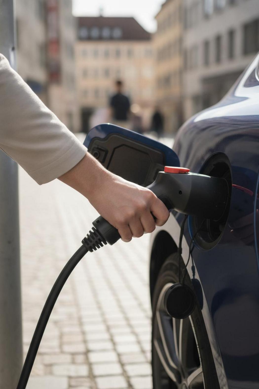 CCS Combo2-Stecker wird in Ladepunkt gesteckt – CCS laden München Stadtmitte 2026 an öffentlicher Ladestation