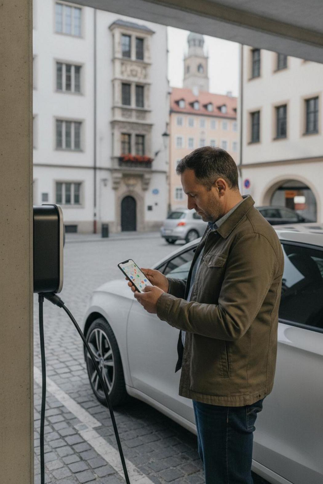 Fahrer prüft Ladestation-App beim CCS Laden München Stadtmitte 2026 – E-Auto an Ladesäule, Altstadt im Hintergrund