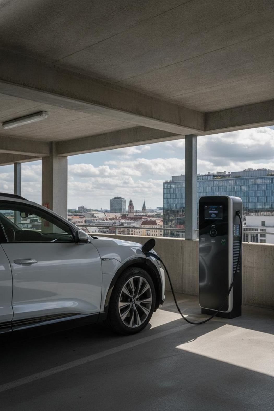 Weißes E-SUV lädt per CCS Combo2 – CCS Laden München Stadtmitte 2026 im modernen Parkhaus
