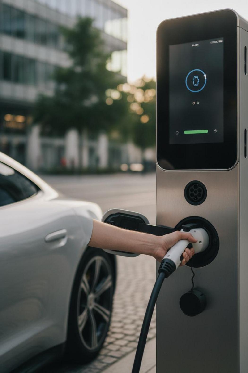 CCS-Ladestecker wird in Elektroauto gesteckt – öffentliche Ladesäule München Schnellladen im urbanen Umfeld