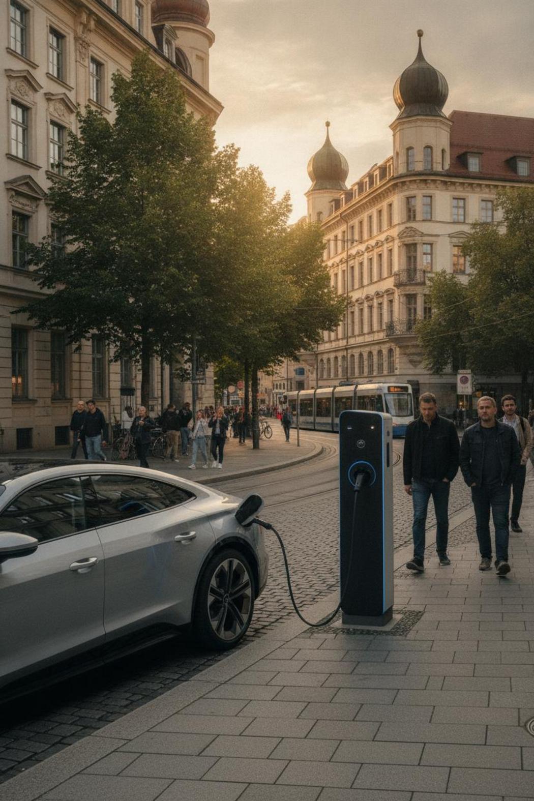 Elektro-SUV an öffentlicher Schnellladesäule München Innenstadt bei Abendsonne mit historischer Architektur