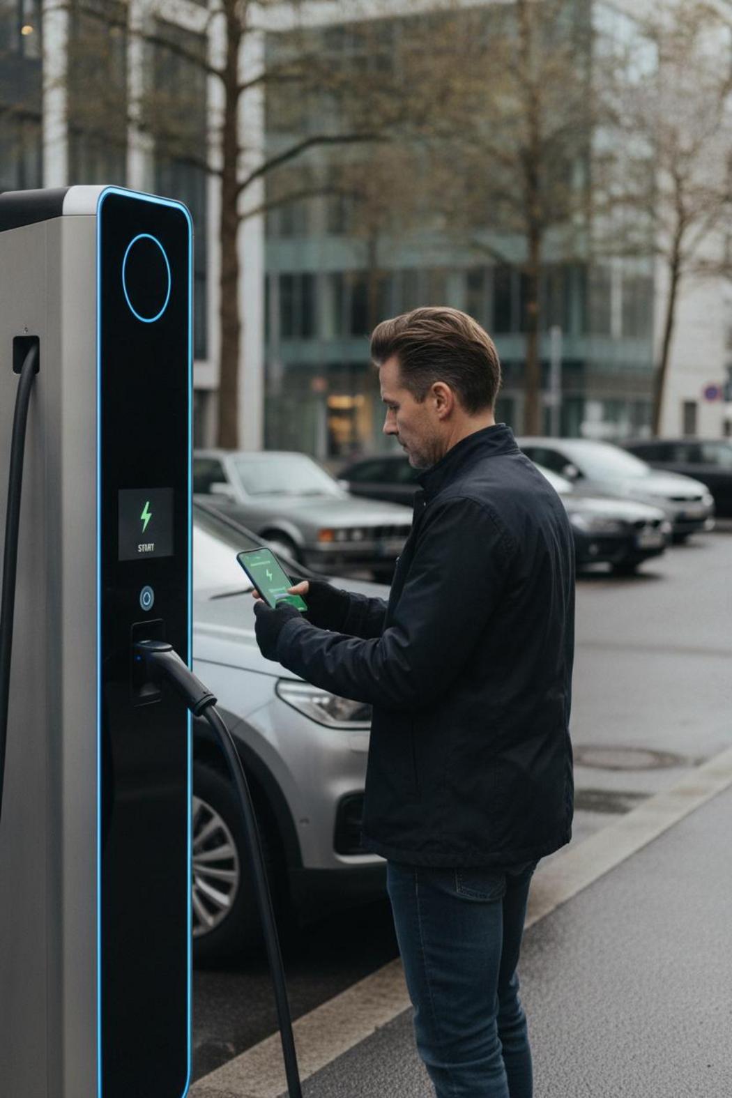 Fahrer startet Ladevorgang per Smartphone-App an DC-Schnellladestation – öffentliches Schnellladen in München