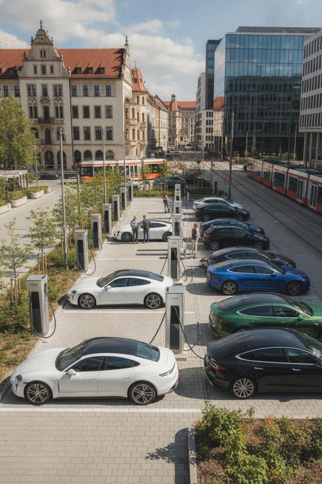 DC-Schnellladestation mit mehreren Ladesäulen München öffentlich – Elektroautos laden in urbanem Parkbereich