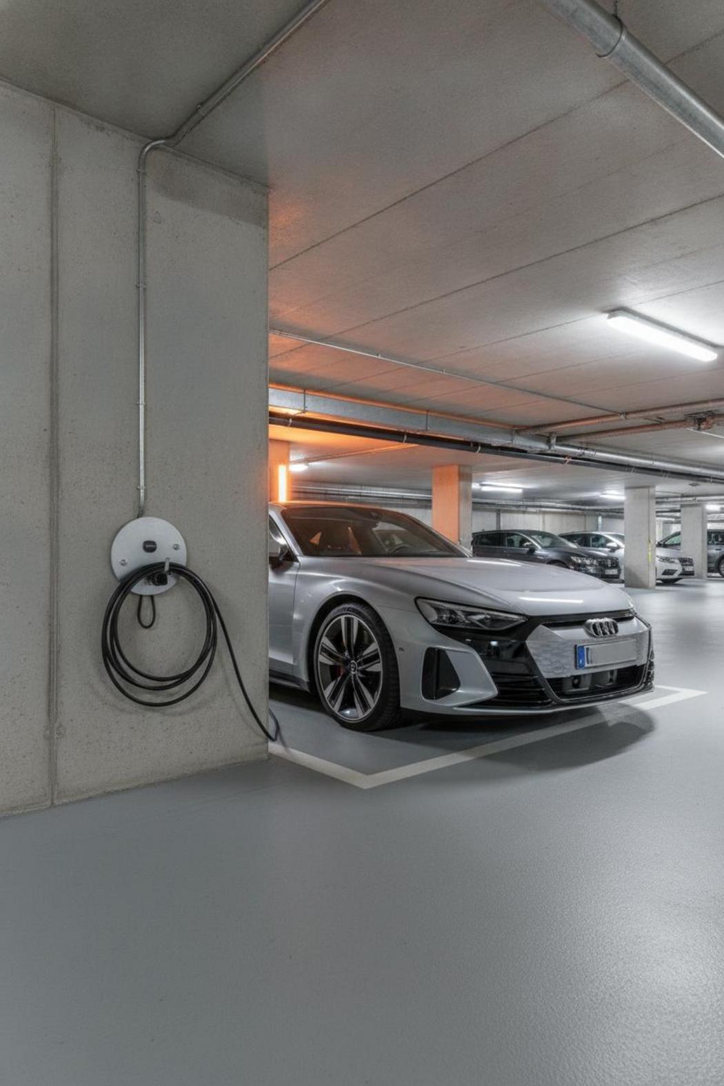 Elektroauto in Münchner Tiefgarage neben leerem Wandhalter – Wallbox Genehmigung Wohnungseigentümer beantragen