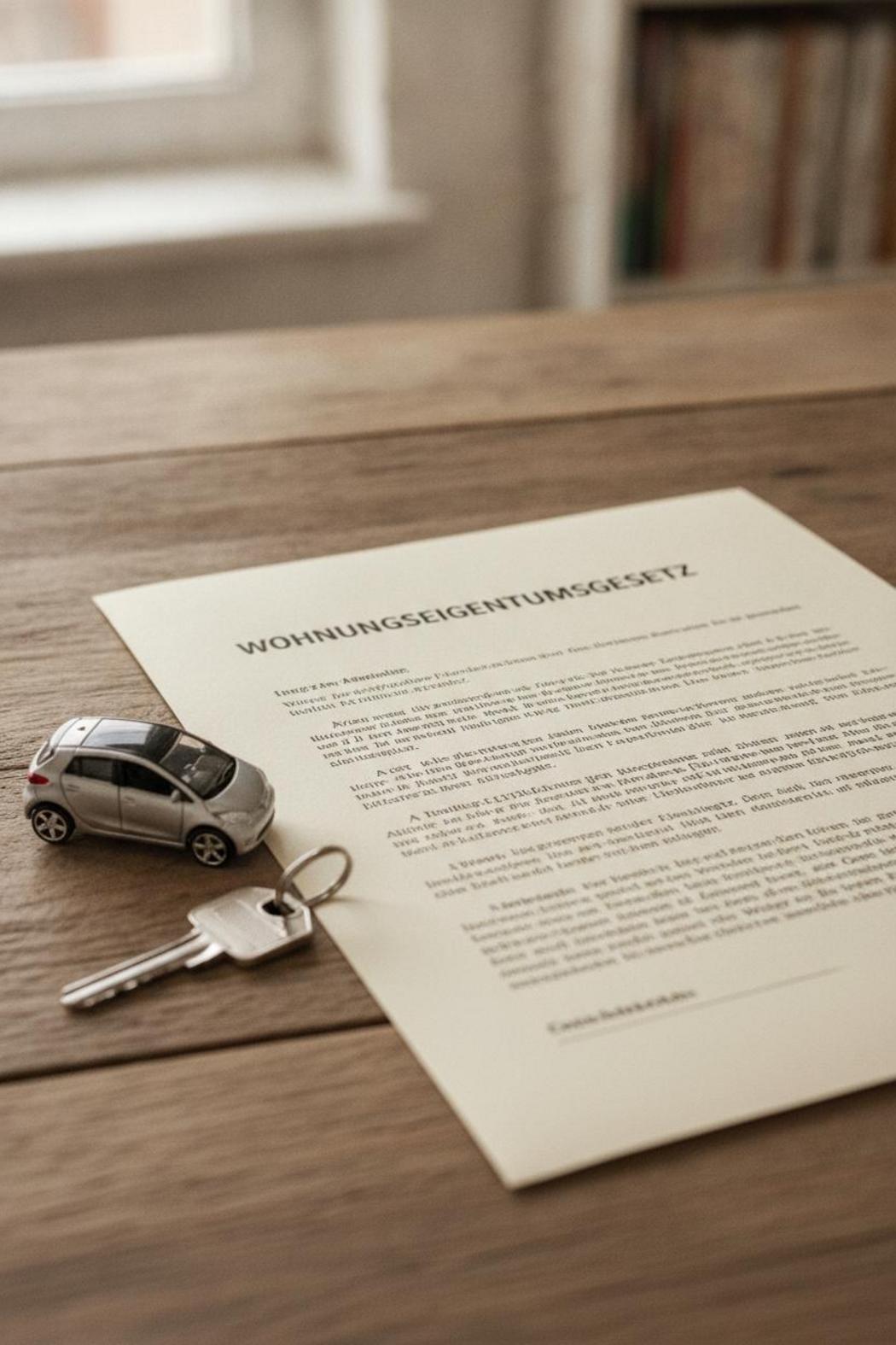 Rechtsdokument WEG-Gesetz auf Holzschreibtisch mit Elektroauto-Modell und Hausschlüssel – Wallbox Genehmigung Wohnungseigentümer beantragen