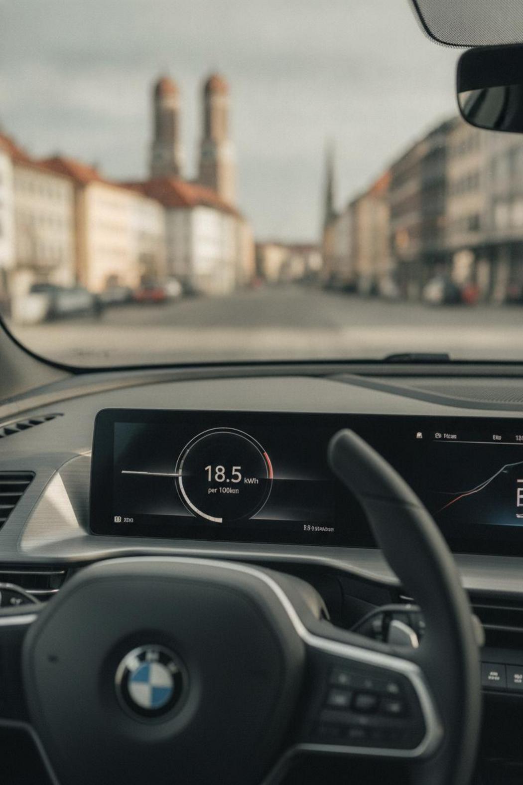 Digitales Armaturenbrett eines Elektroautos zeigt Stromverbrauch in kWh – Stromkosten E-Auto pro Kilometer München