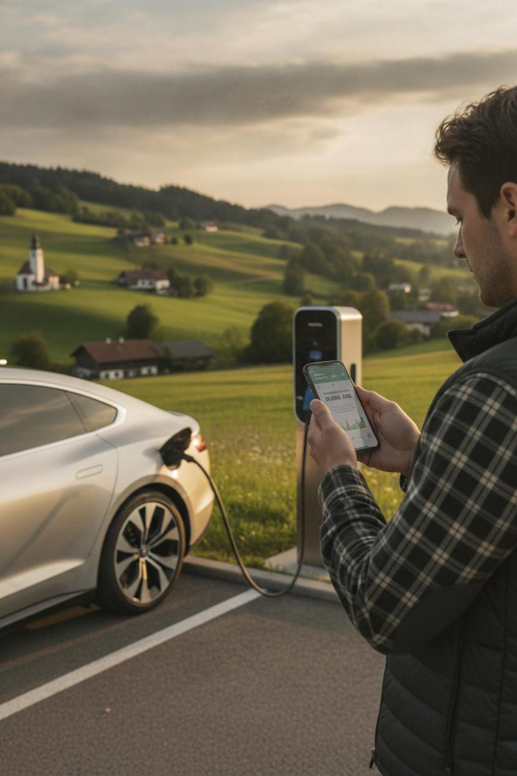 Person prüft Stromkosten E-Auto pro Kilometer per App am Ladepunkt in Bayern bei Tageslicht