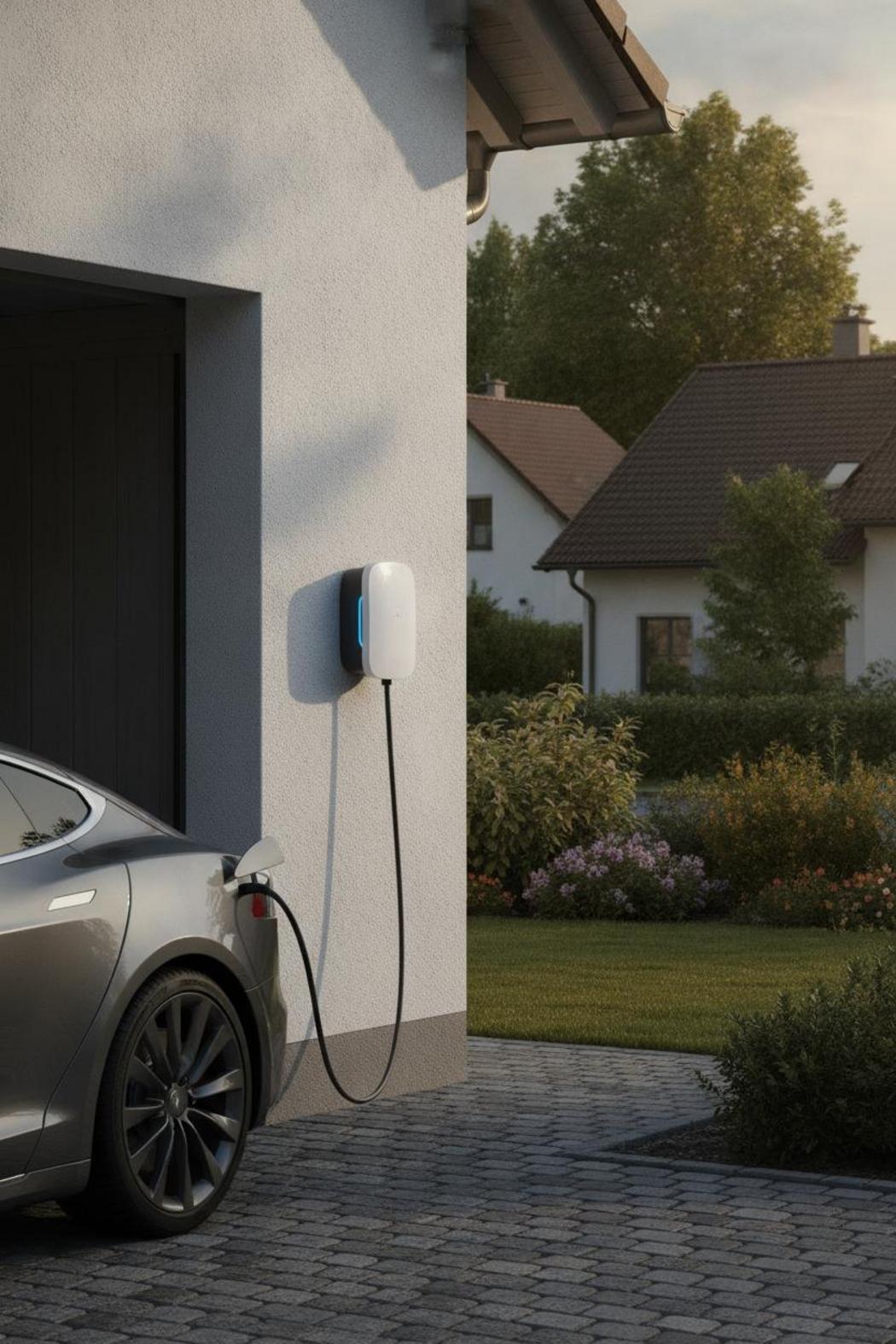 Wallbox an Garage in München lädt E-Auto – Stromkosten pro Kilometer zuhause senken