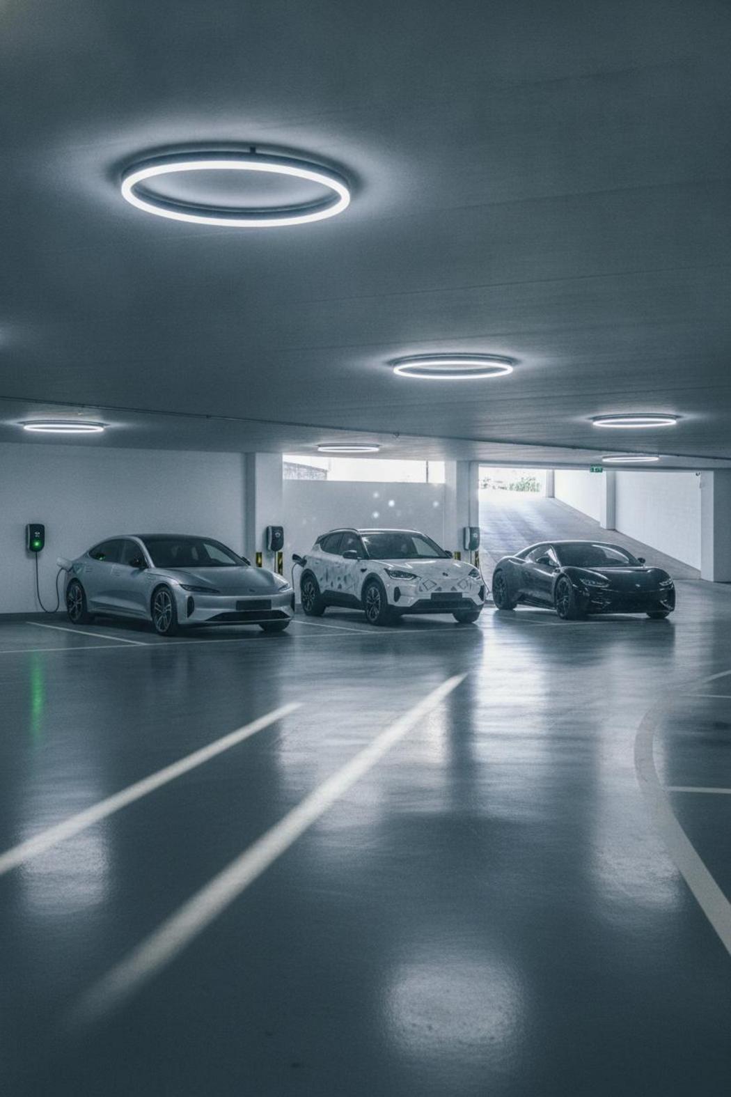 Drei E-Autos für Pendler München nebeneinander in Parkhaus mit Ladestationen und LED-Beleuchtung