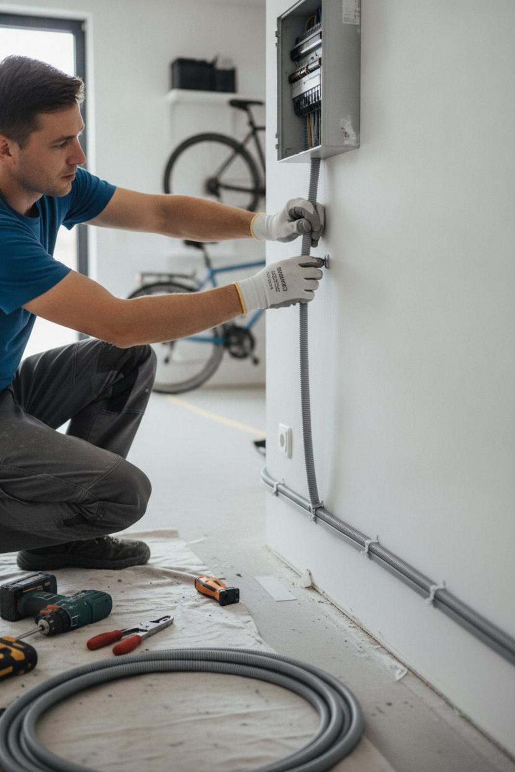 Elektriker verlegt graues Kabelrohr zur Verteilerdose – Materialkosten Wallbox Installation Einfamilienhaus
