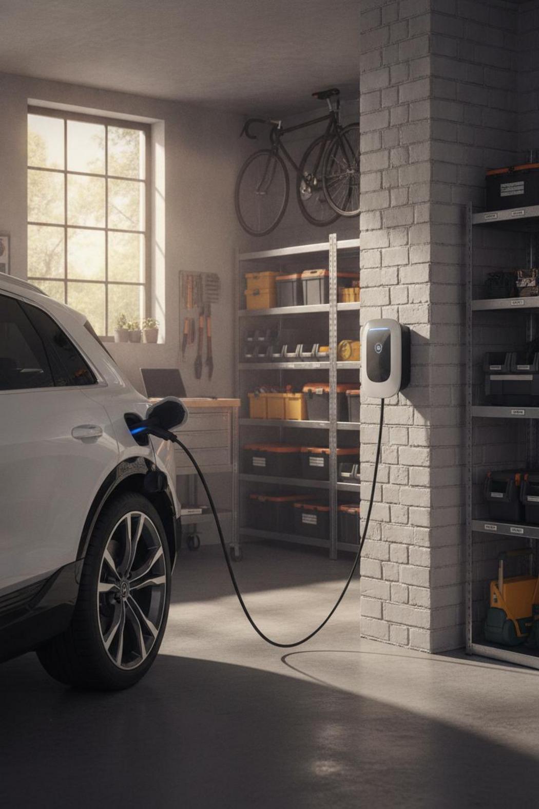 Weißes Elektro-SUV an Wallbox in Münchner Einfamilienhaus-Garage – Wallbox Installation Kosten Einfamilienhaus im Überblick