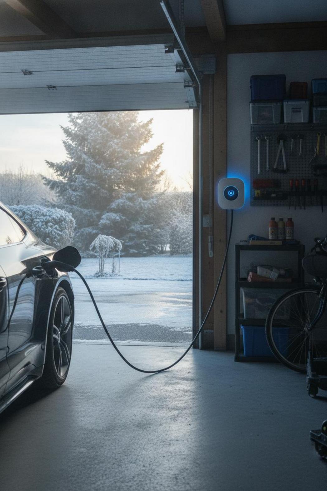 Elektroauto lädt an Wallbox in Münchner Garage bei winterlichem Frost – E-Auto Reichweite Winter München