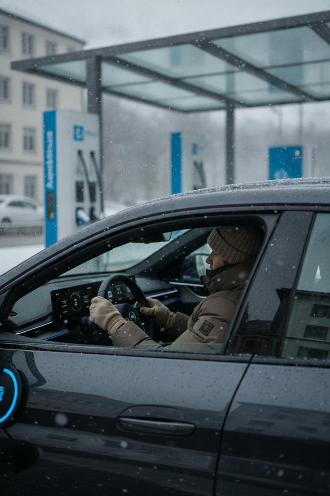 Fahrer im Winteroutfit lädt E-Auto in München – Schneefall, Ladestandsanzeige sichtbar