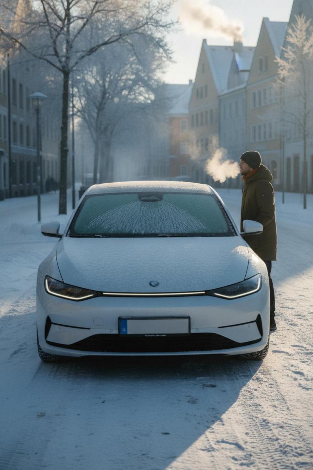 Weißes E-Auto mit Frost auf Windschutzscheibe in München – E-Auto Reichweite Winter sinkt bei Kälte