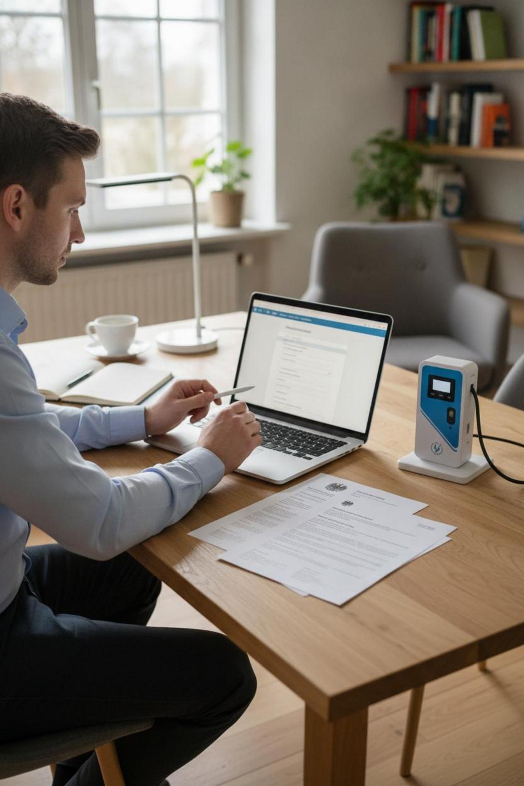 Person beantragt Wallbox Förderung Bayern 2026 am Laptop mit KfW-Unterlagen im Homeoffice