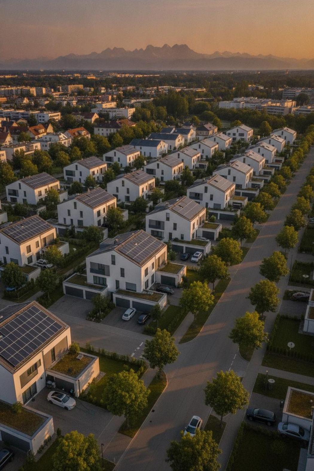 Münchner Wohngebiet mit Solaranlagen und Wallboxen – Wallbox Förderung Bayern 2026 beantragen