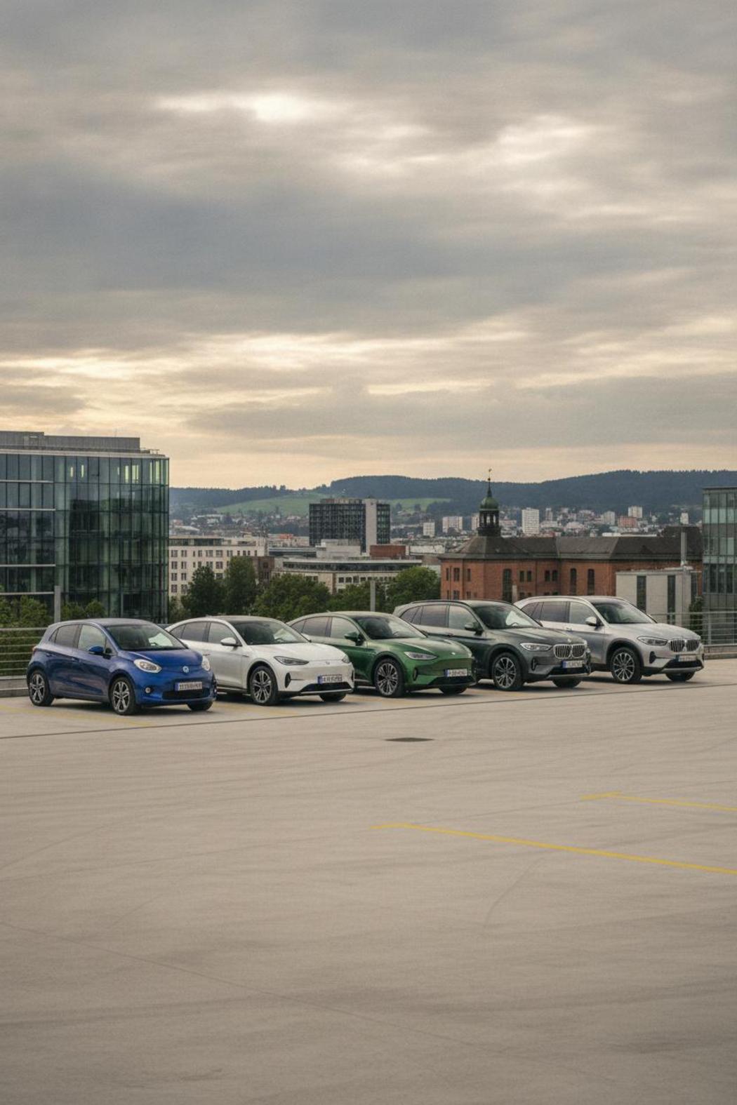 Fünf Elektroautos nebeneinander im Vergleich – E-Auto Reichweite Vergleich 2026 der besten Modelle