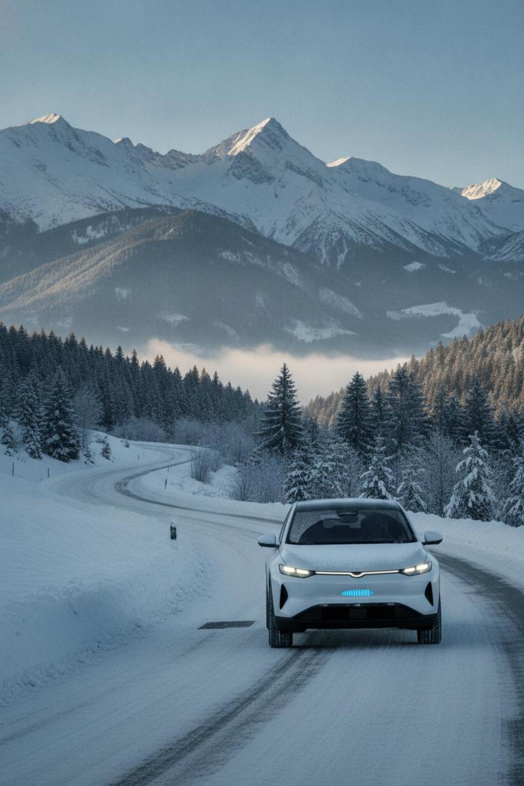 Weißes E-Auto fährt durch verschneite Alpenlandschaft – e-auto reichweite vergleich 2026 im Wintertest Bayern