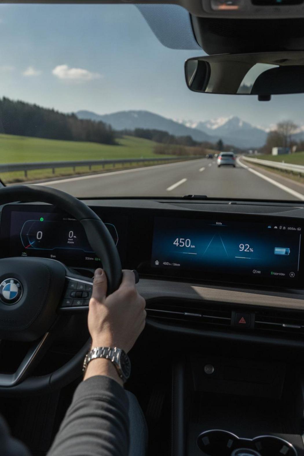 Elektroauto-Armaturenbrett zeigt Reichweite und Akkustand – E-Auto Reichweite Vergleich 2026 auf bayerischer Autobahn