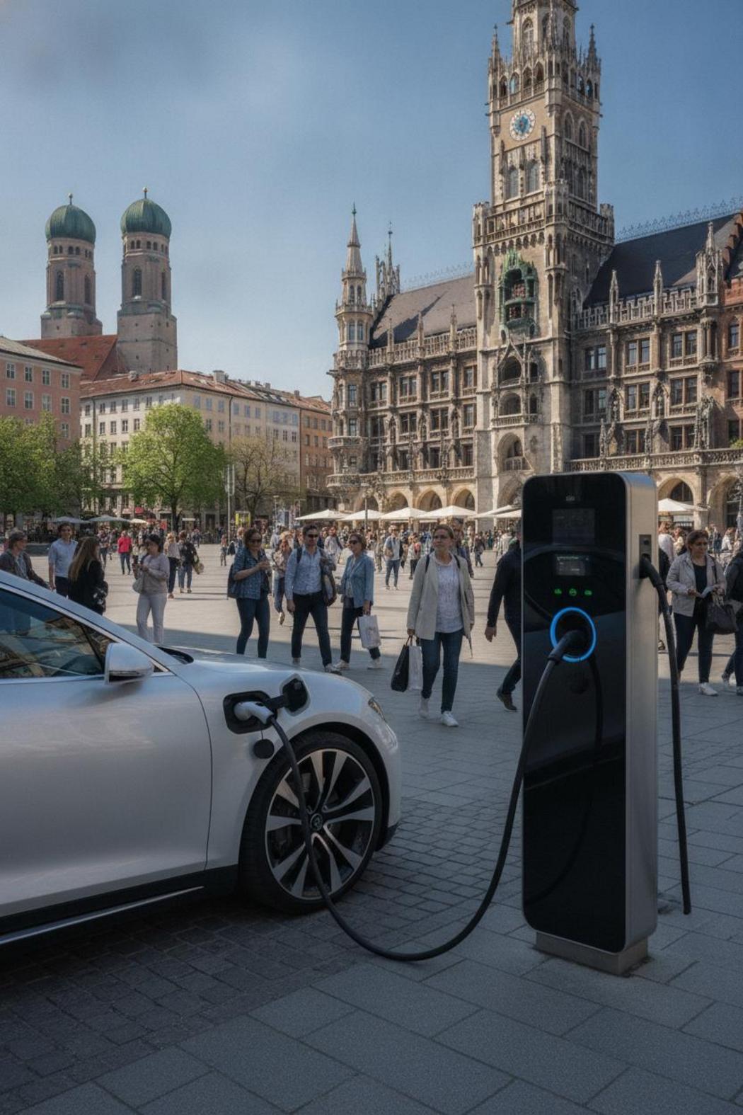 Weißes Elektroauto lädt an öffentlicher Ladestation am Marienplatz München – Alternativen zum Umweltbonus Elektroauto Antrag 2026
