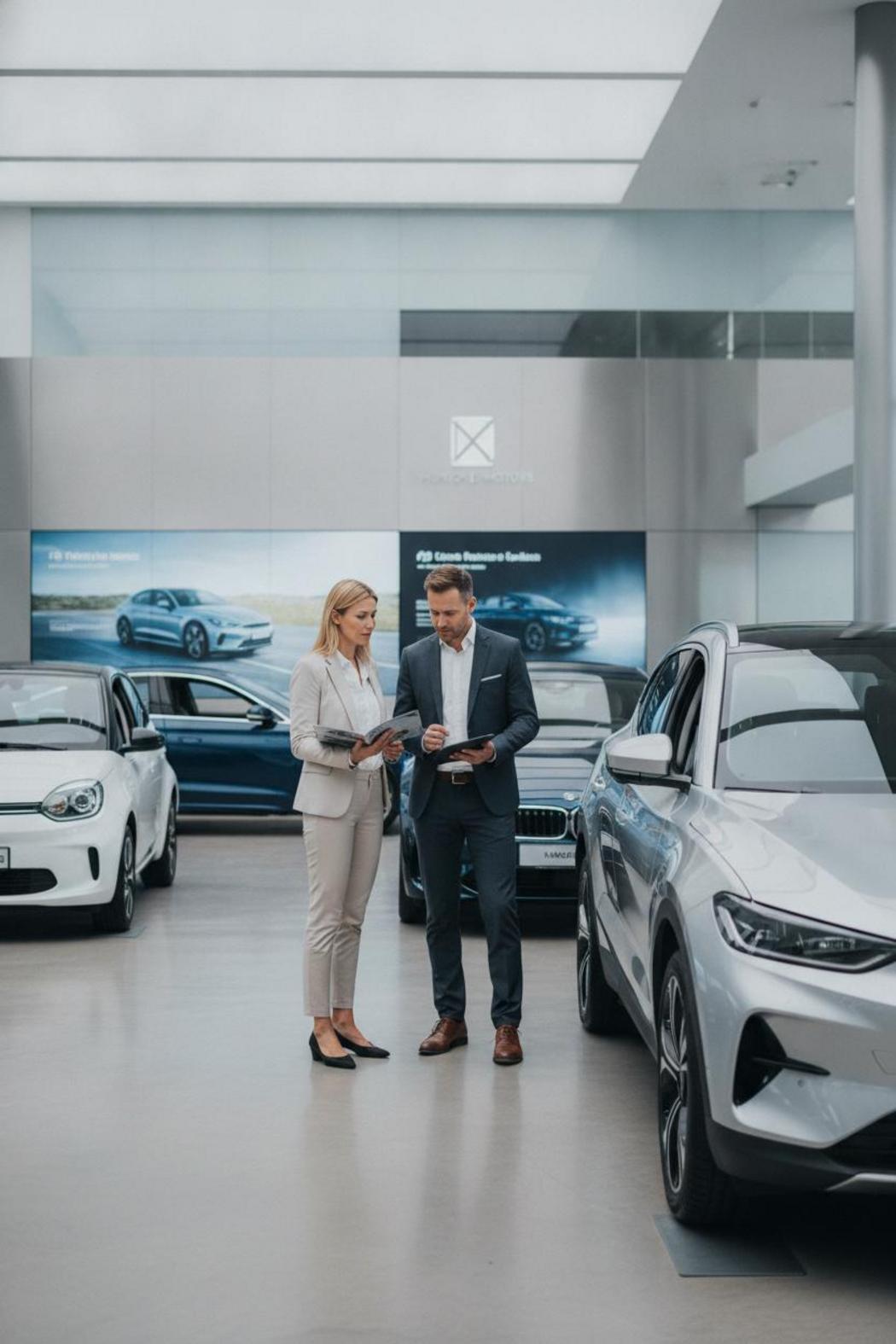 Paar vergleicht Elektroautos beim Händler in München – Beratung zum Umweltbonus Elektroauto Antrag 2026