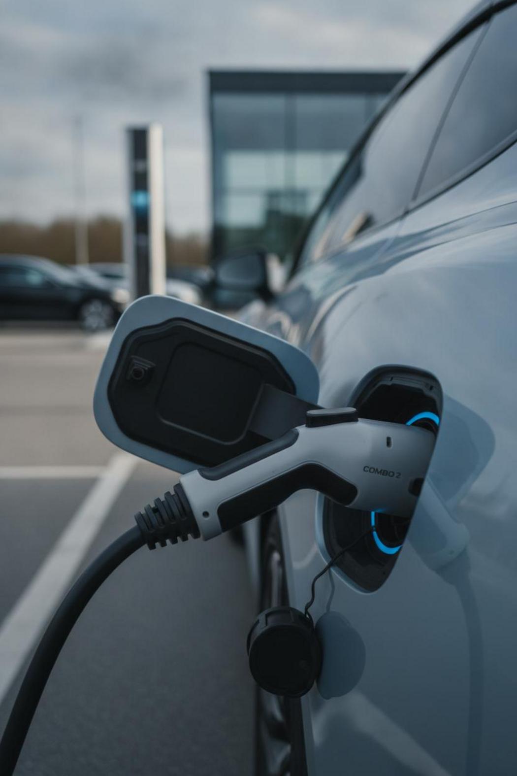 CCS-Ladestecker wird an E-Auto angeschlossen – Schnellladen an der Autobahn-Schnellladestation