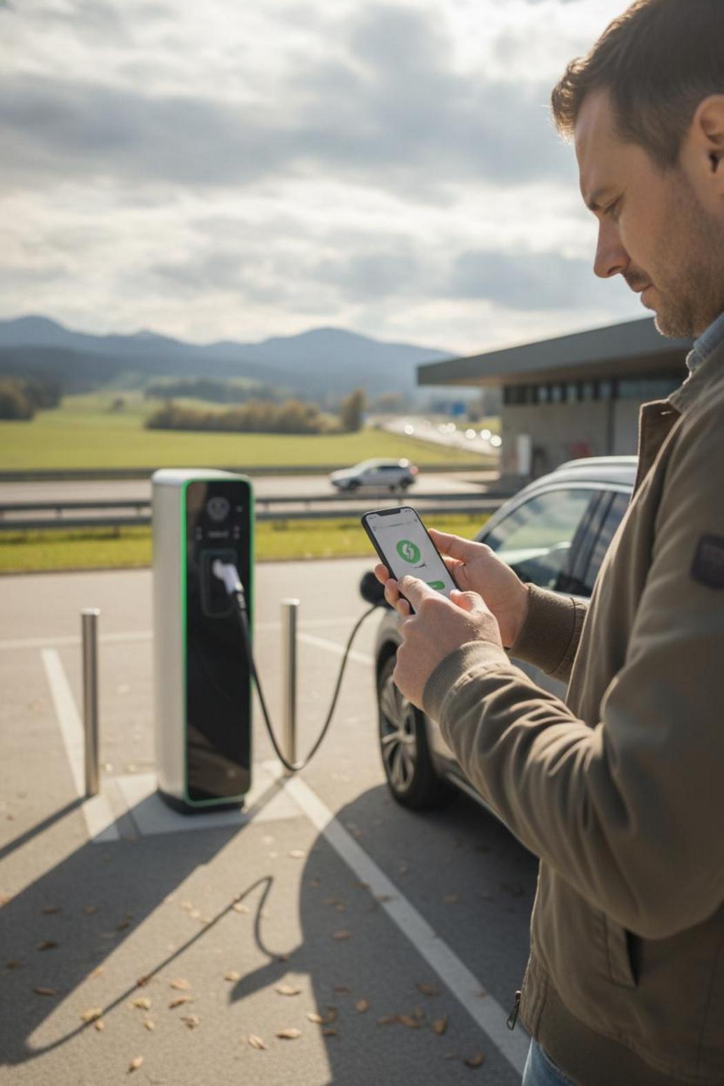 Fahrer startet E-Auto Laden Autobahn per Smartphone-App an bayerischer Schnellladestation