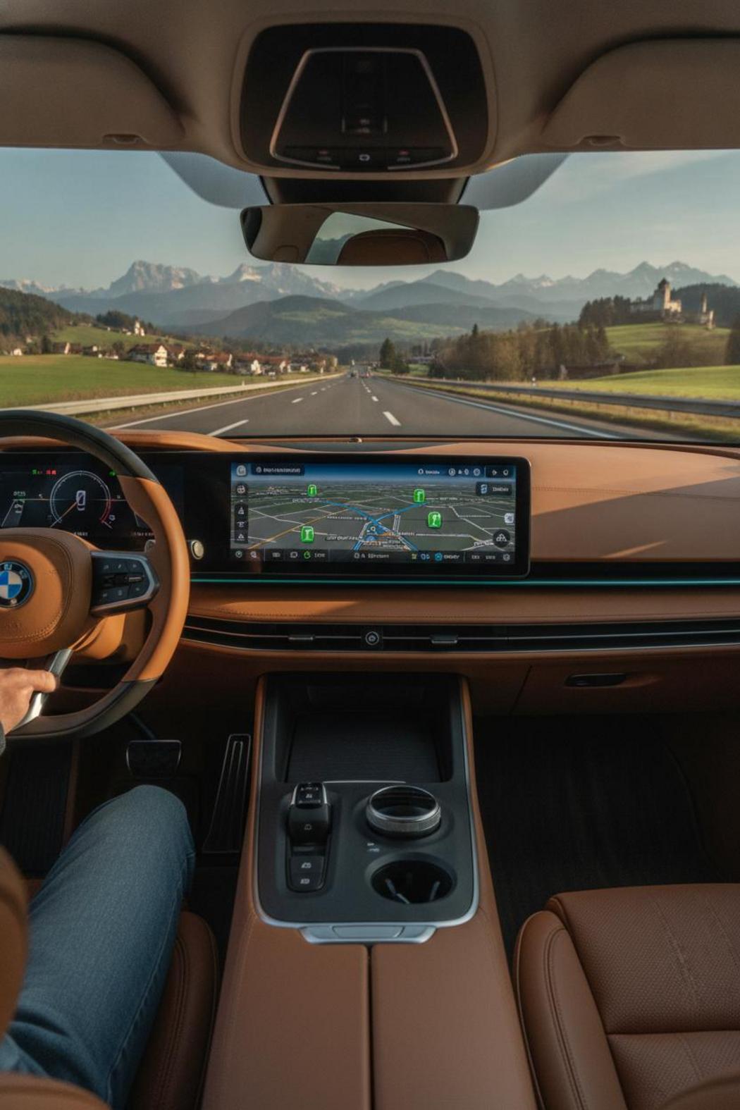 Elektroauto-Innenraum mit Navigationsscreen für Ladeplanung auf der Autobahn – bayerische Landschaft im Hintergrund