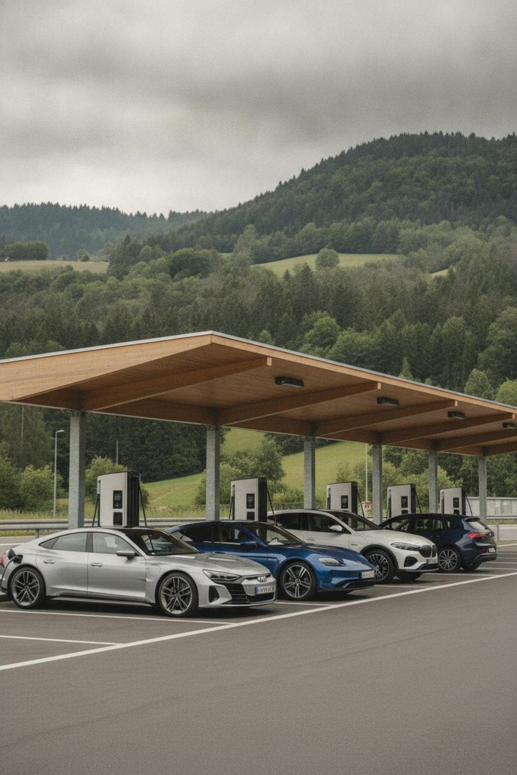 E-Auto unterwegs laden an der Autobahn: Schnellladestation mit mehreren Elektrofahrzeugen vor bayerischer Hügellandschaft